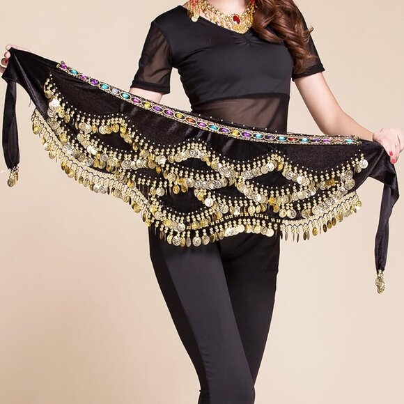 Women\'s Black Triangular Belly Dancing Hip Scarf Wrap Skirt with Gold Coins